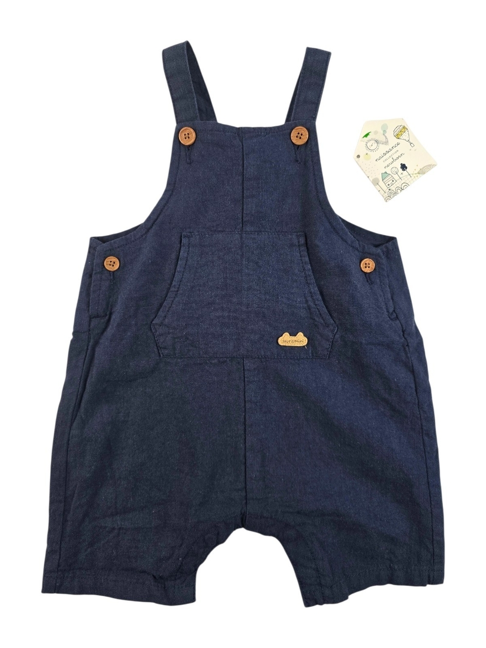 Souris Mini, Linen + Cotton, Navy Blue Short Overalls, 12-18M